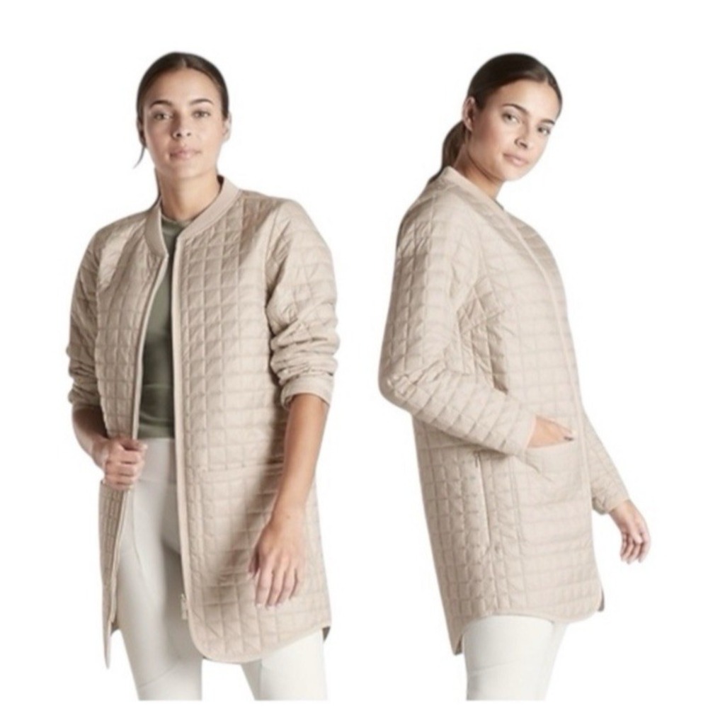 Athleta Coat Womens Medium Beige Quilted Full Zip Mid Length Warm Insulated